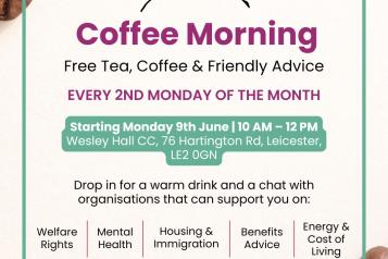 Coffee Morning event showing a drawing of two hands holding coffee cups and information about the venue and times.