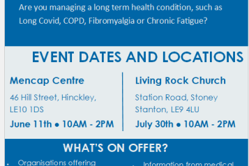 Stronger Together written on a blue background and the NHS logo. Details shown of event dates and locations